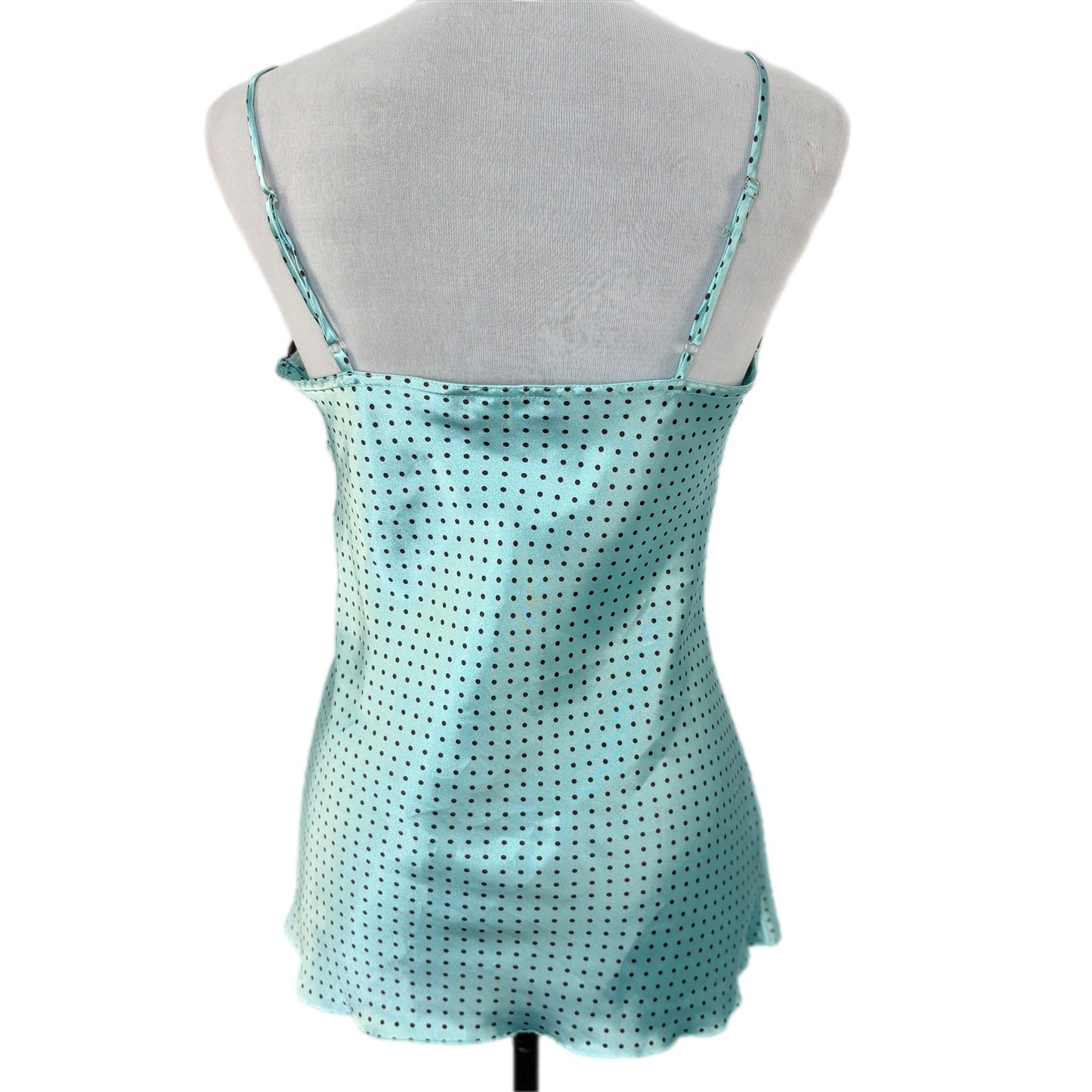 Y2K Satin Mint Green Brown Polka Dot Lace Trim Tank - Women's M