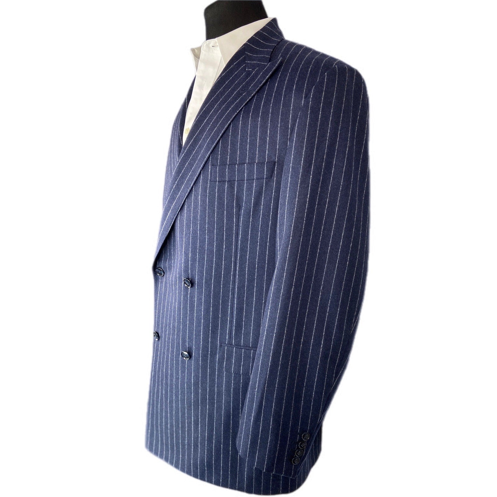 Carl Sterr Blue Pinstripe Wide Peak Collar Double Breasted Jacket - Men's 43XL