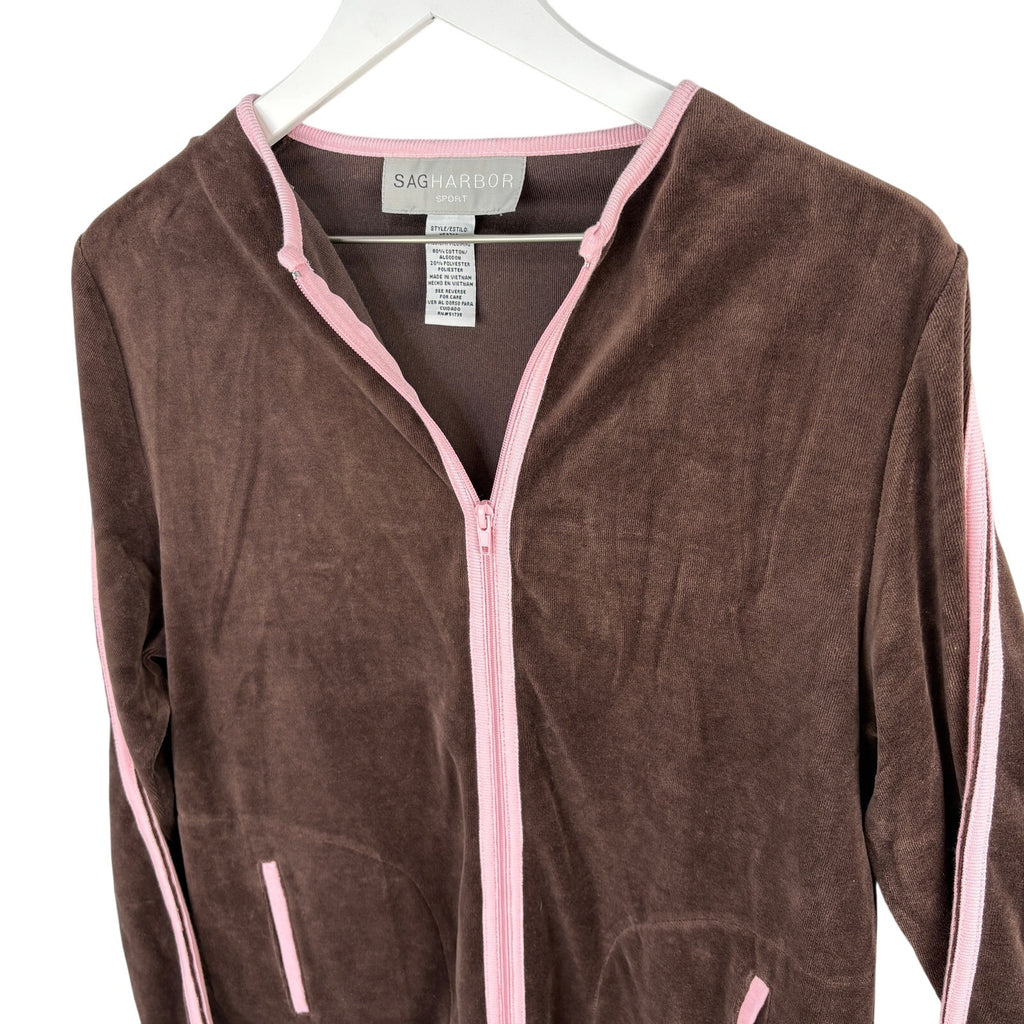 Y2K Brown Velour Pink Trim Zip Up Track Jacket - Women's Size M