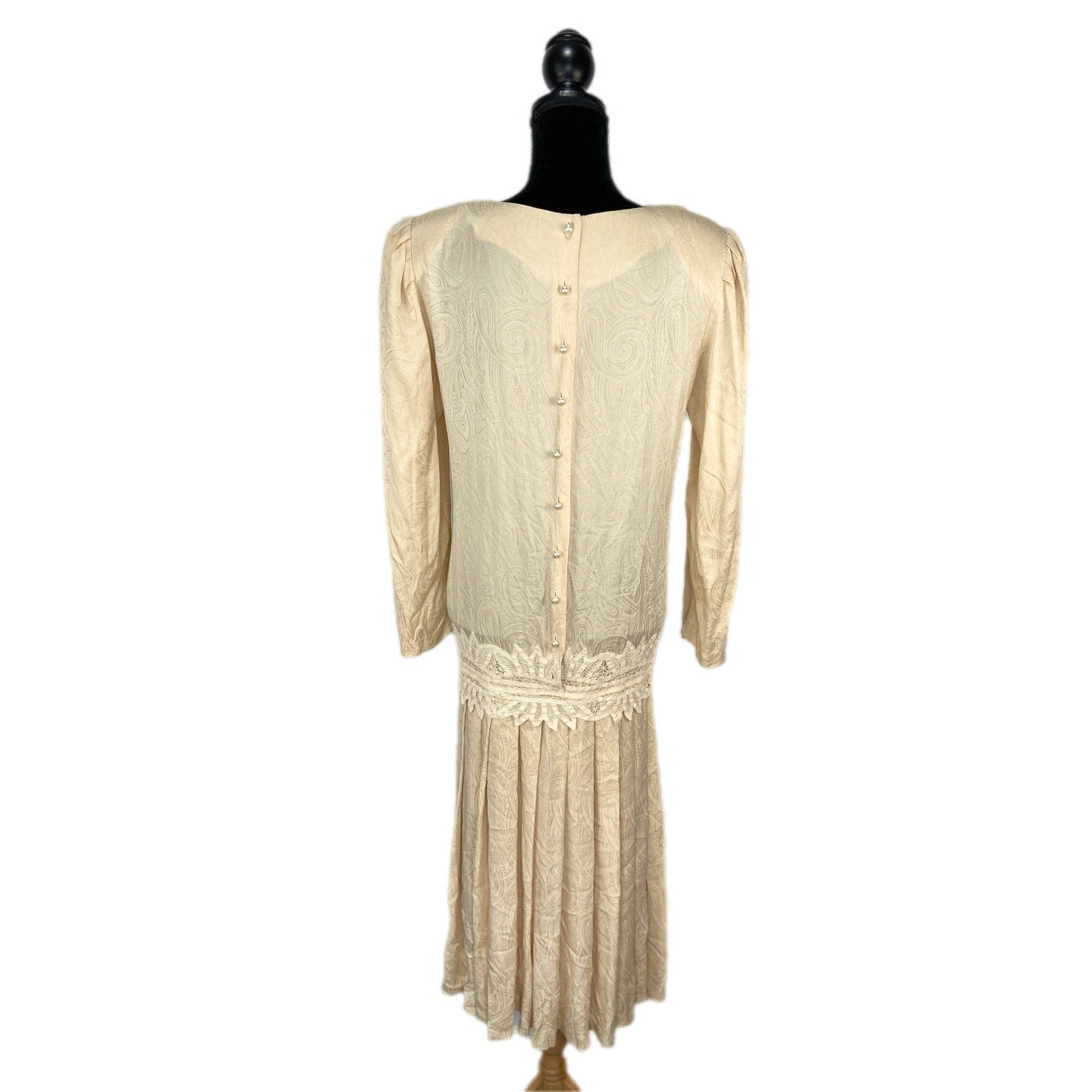 Vintage Butter Yellow Silk Damask Drop Waist 20's Style Dress - Women's Size 10