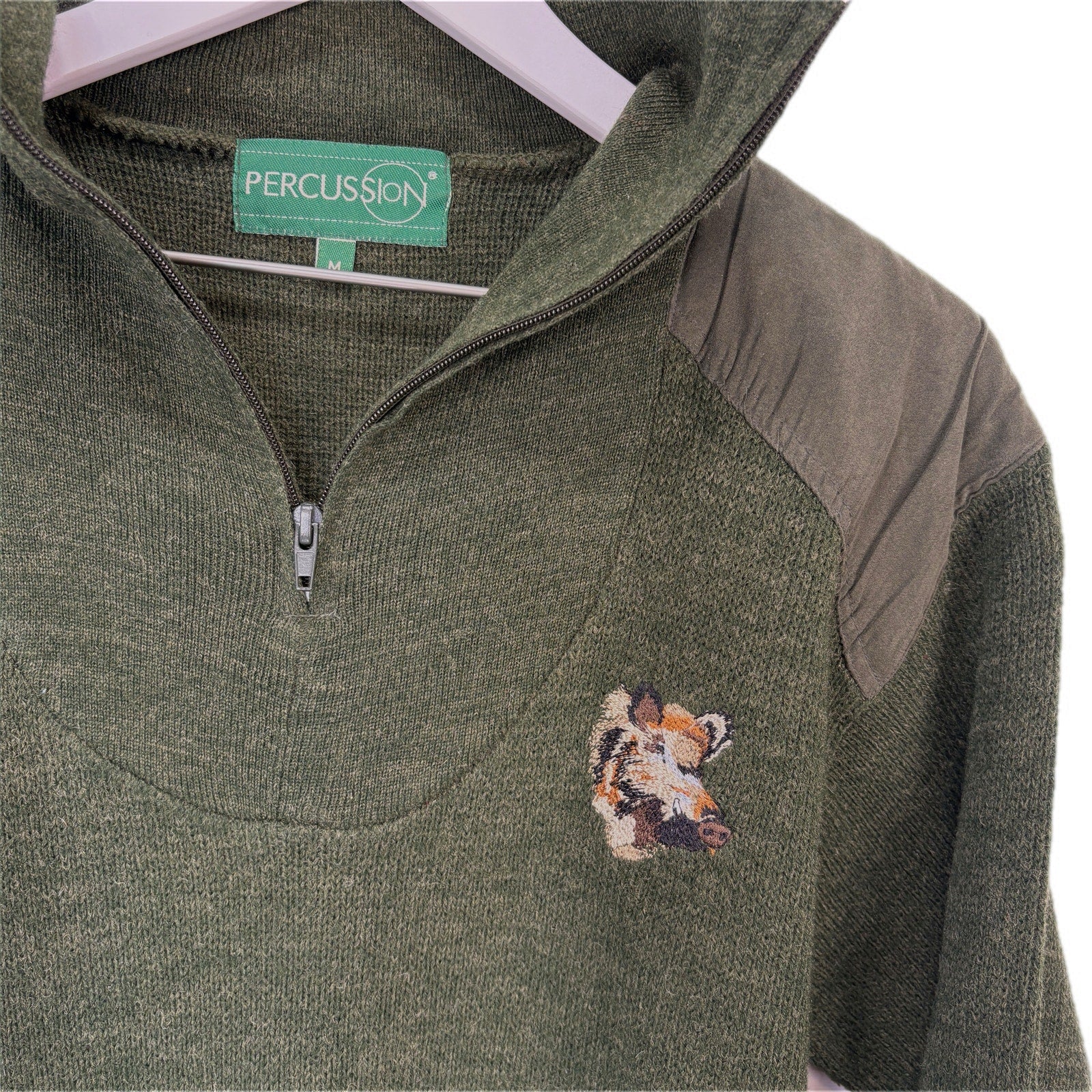 Green Wool Blend 1/4 Zip Embroidered Boar Sweater - Men's Size M