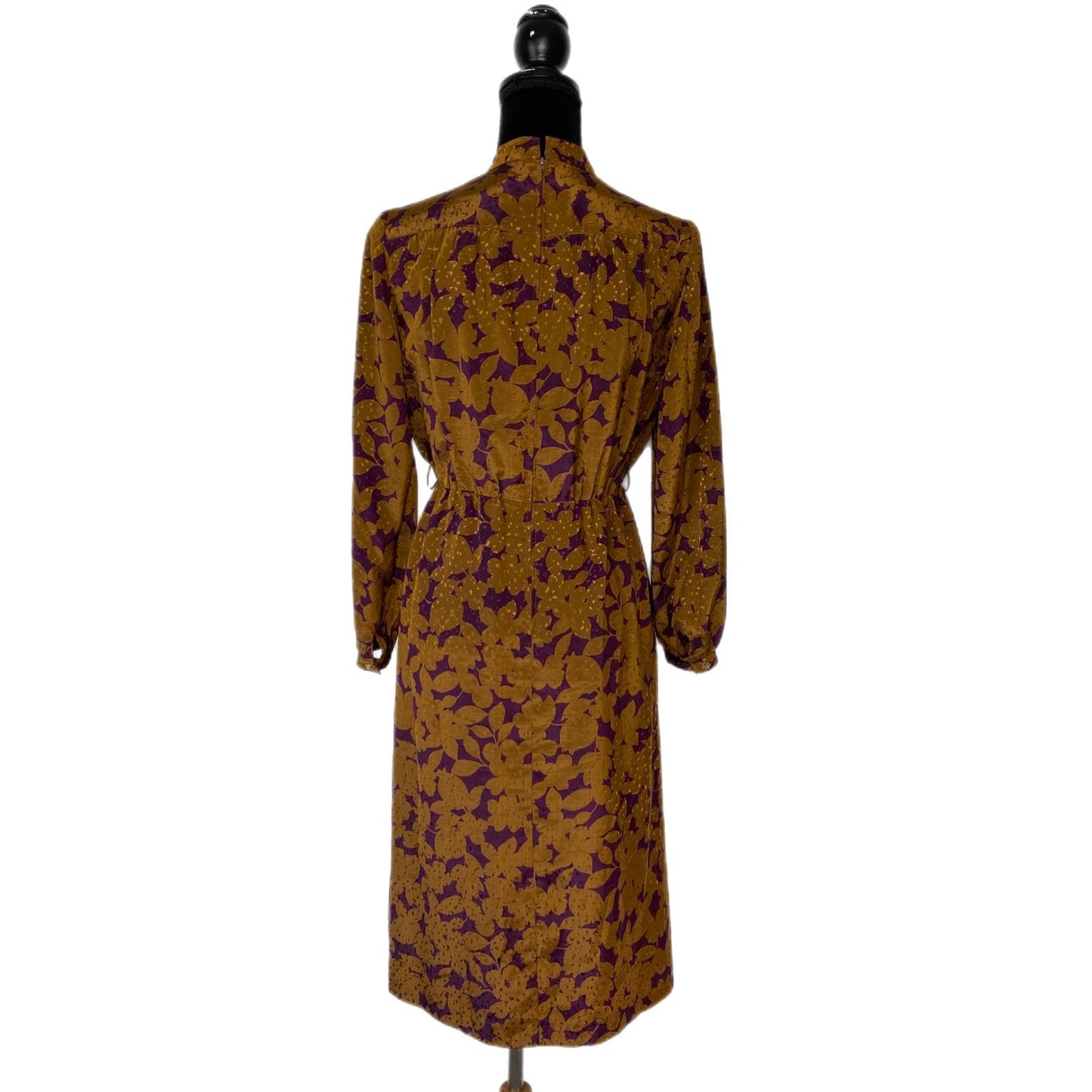 Vintage Floral Print Pleated Gold Fleck Dress - Women's Small