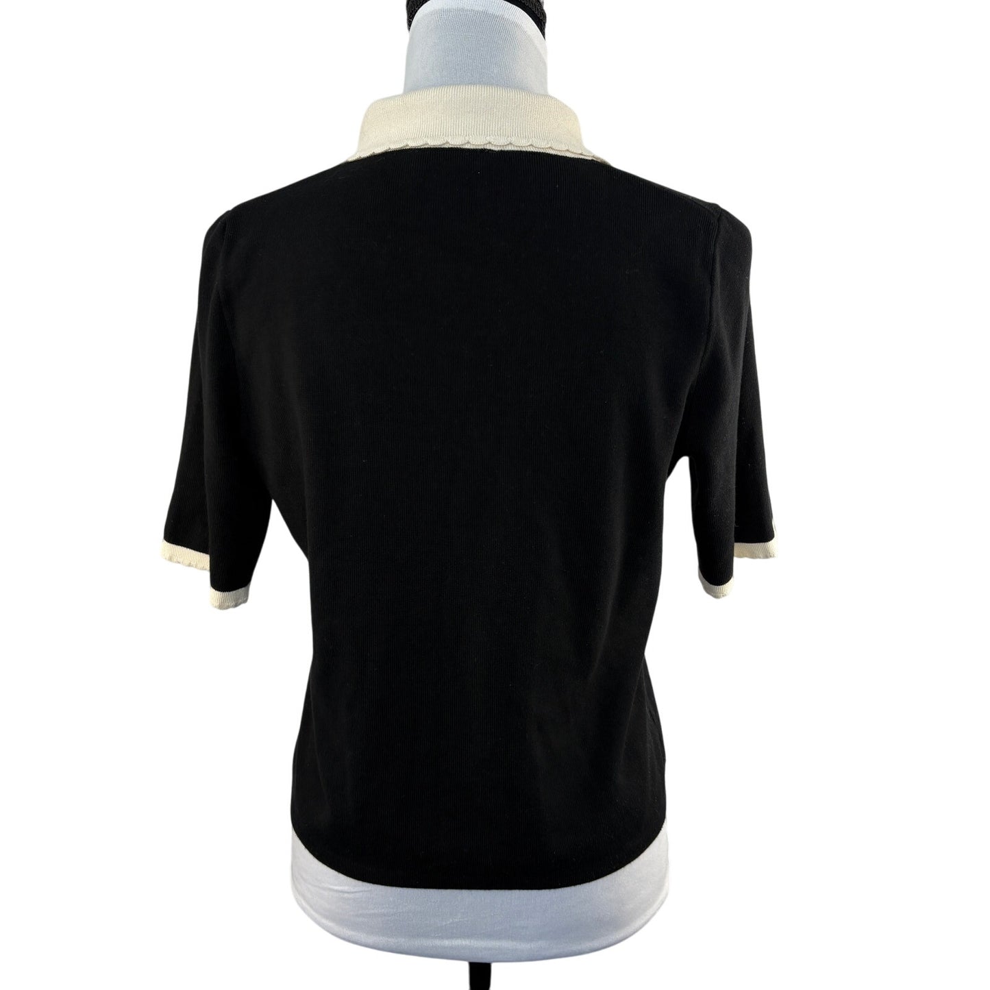 Adrianna Papell Black White Scallop Trim Short Sleeve Knit Top - Women's M