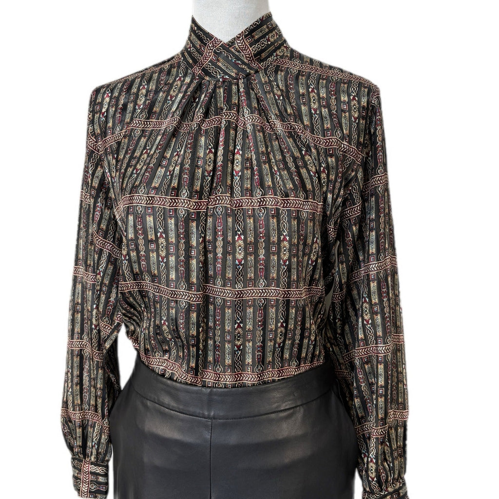 Vintage Mock Neck Mixed Pattern Stripe Sheer Blouse - Women's Size M