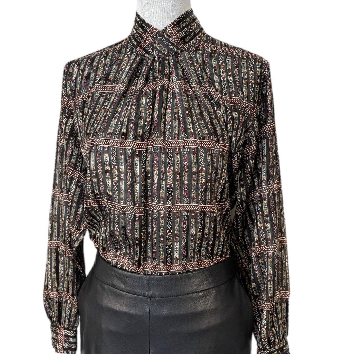 Vintage Mock Neck Mixed Pattern Stripe Sheer Blouse - Women's Size M