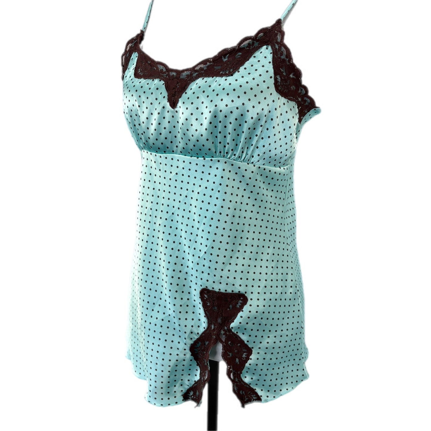 Y2K Satin Mint Green Brown Polka Dot Lace Trim Tank - Women's M
