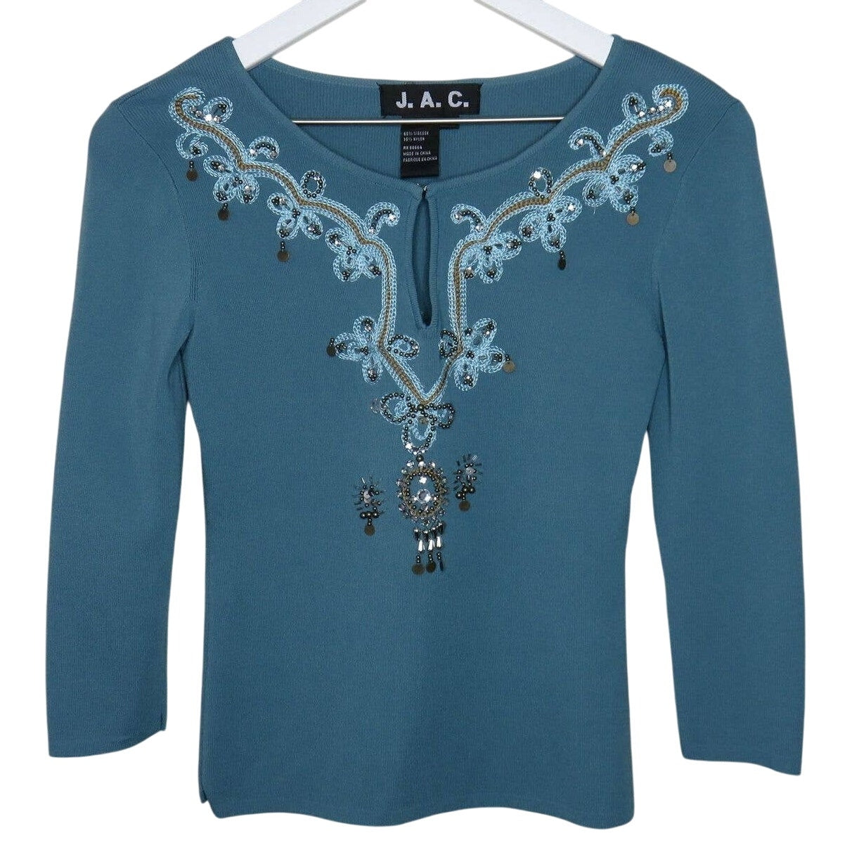 Y2K Stretchy Embroidered Beaded 3/4 Sleeve Shirt - Women's M