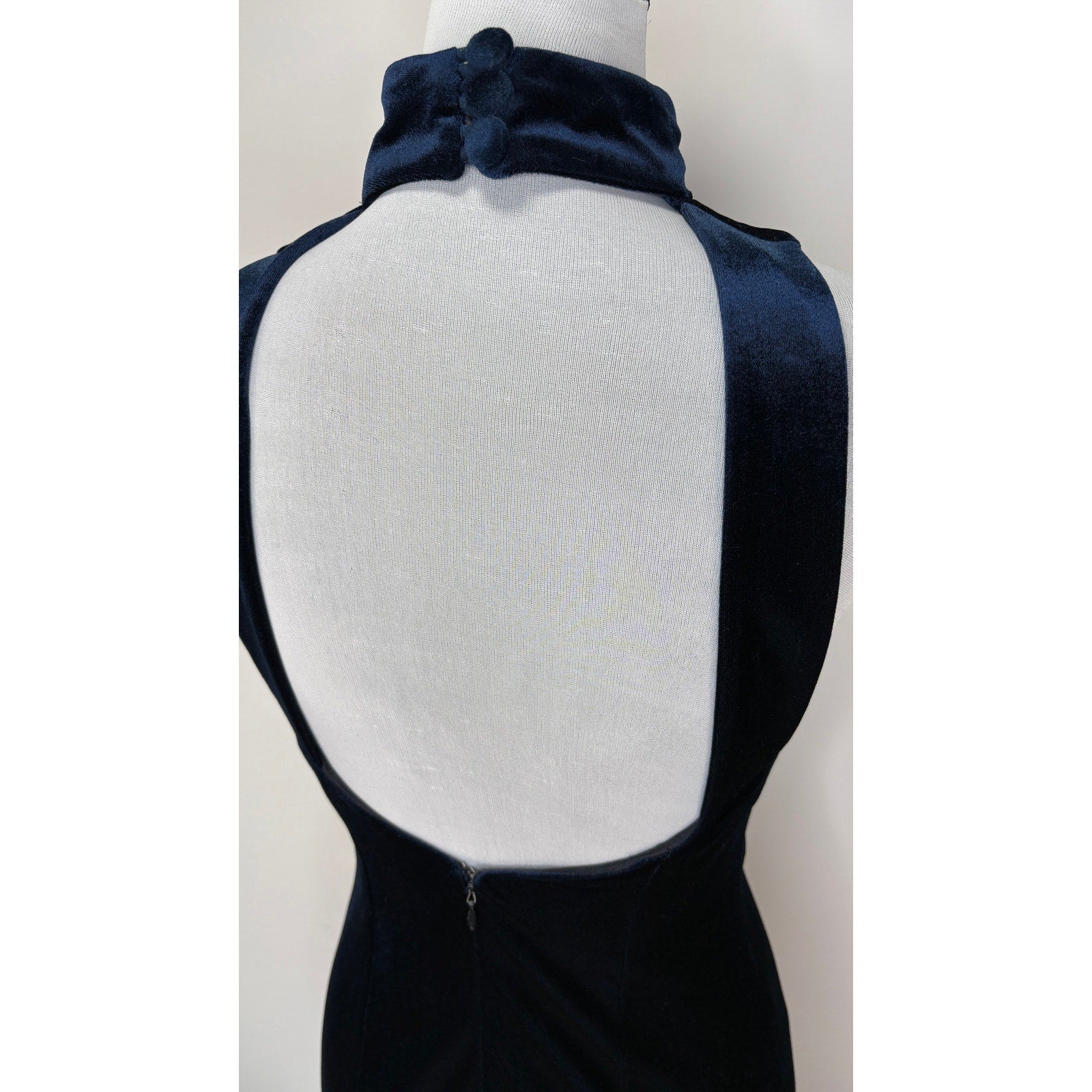Vintage Blue Velvet Long Halter Formal Dress - Women's Size 8