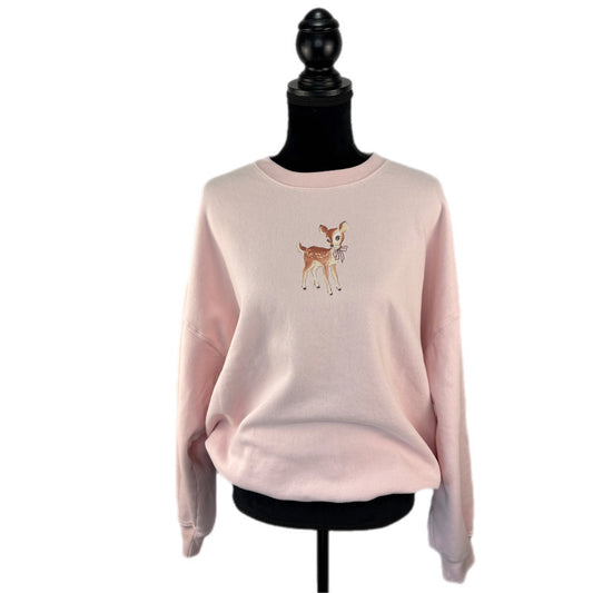 Hollister Oversized Baby Deer Pink Bow Pullover Sweatshirt - Women's Size L