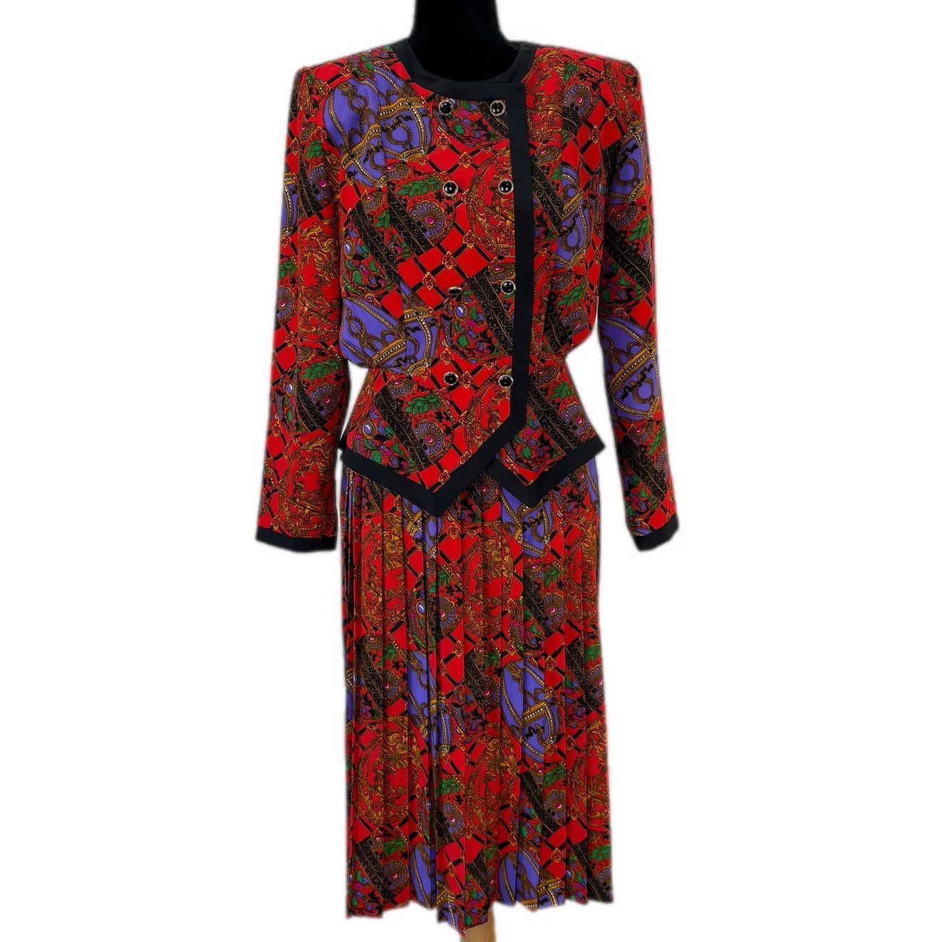 Vintage Red Gold Patterned Double Breasted Pleated Skirt Suit - Women's Size 8