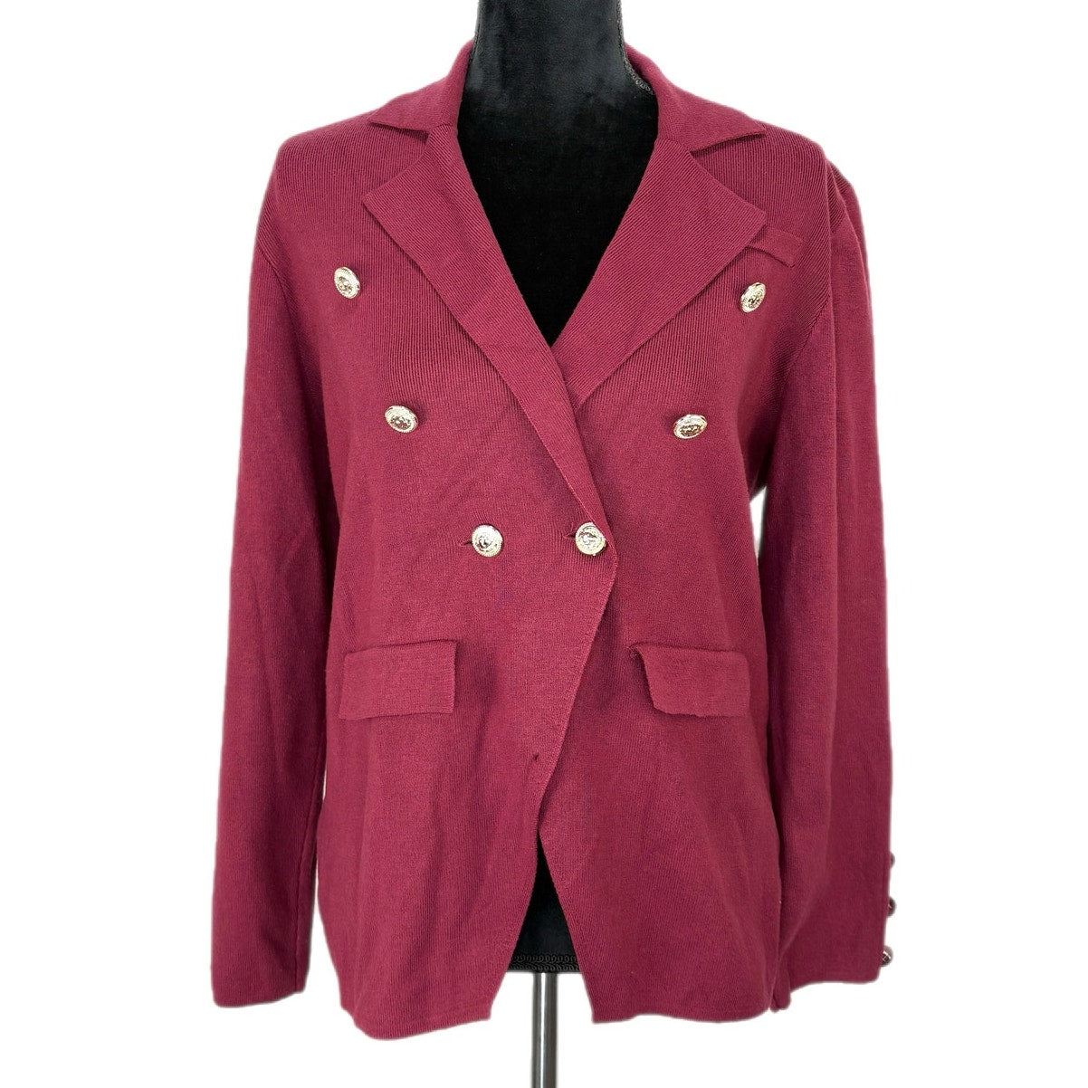 Eva & Paige Burgundy Knit Double Breasted Gold Button Top - Women's Size L