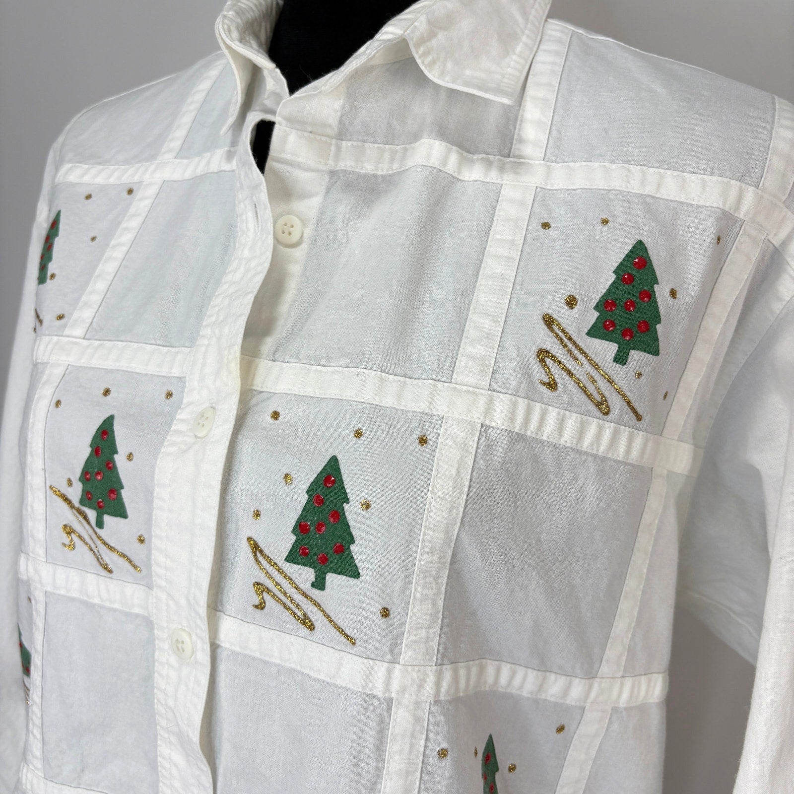 Vintage Christmas Tree Glitter Paint Button Up Shirt - Women's Size L