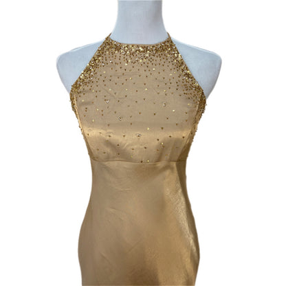 Y2K Niki Livas Gold Sequins Beaded Halter Prom Dress - Women's Size 8