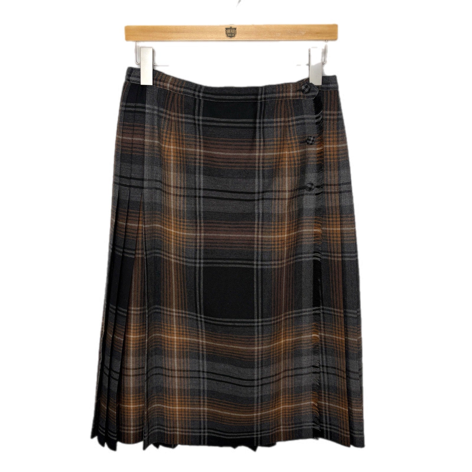 Vintage Wool Plaid Pleated Midi Wrap Skirt Made in Canada - Women's Size 6