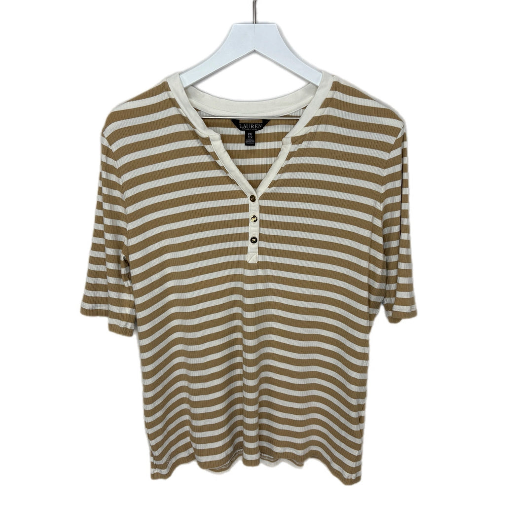 Ralph Lauren Tan White Stripe Short Sleeve Henley Shirt - Women's Size 2X