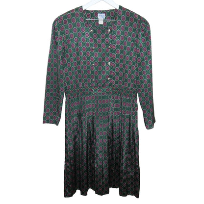 Vintage Green Medallion Pattern Pleat Skirt Granny Dress - Women's L