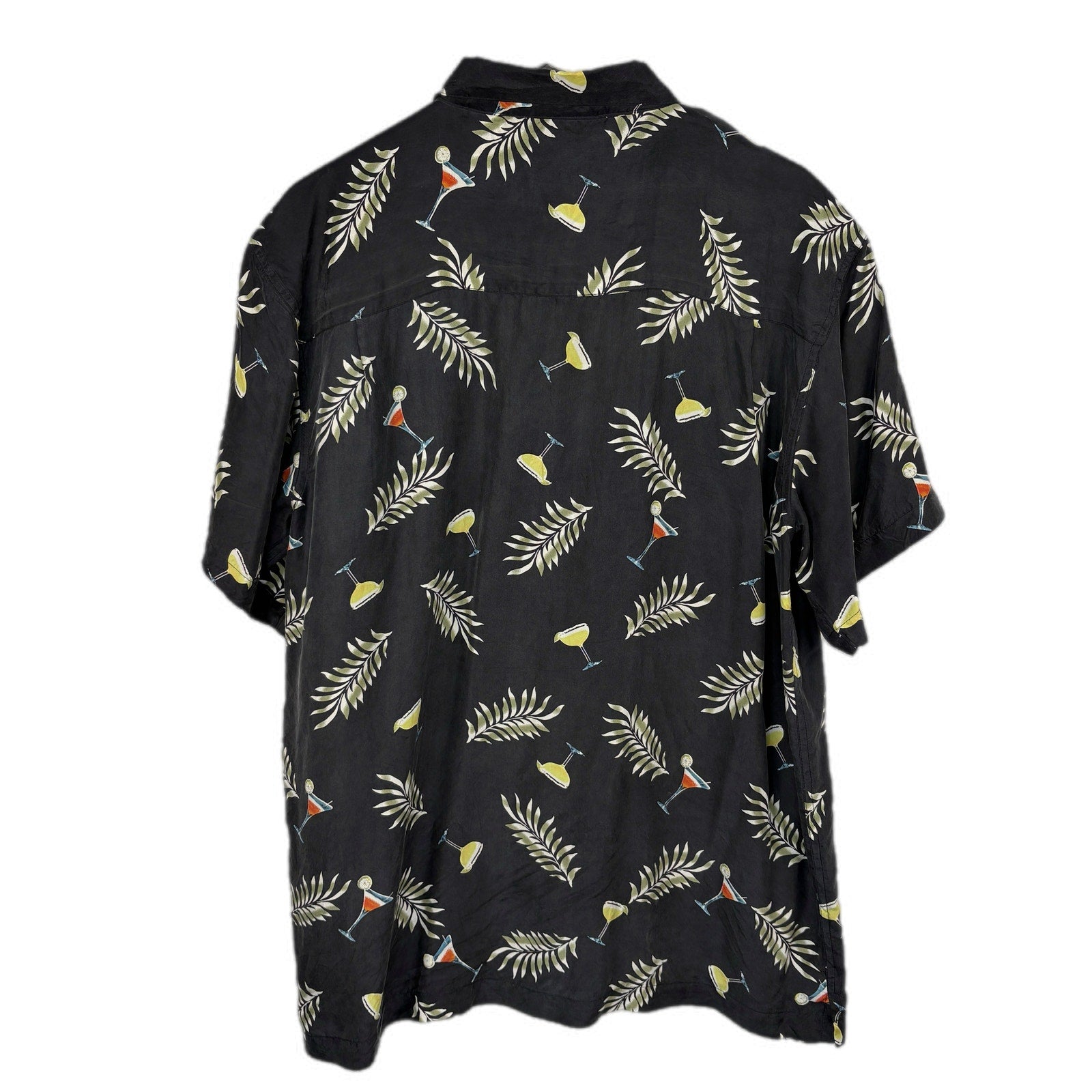 Massini Black Silk Martini Leaves Print Hawaiian Shirt - Men's L