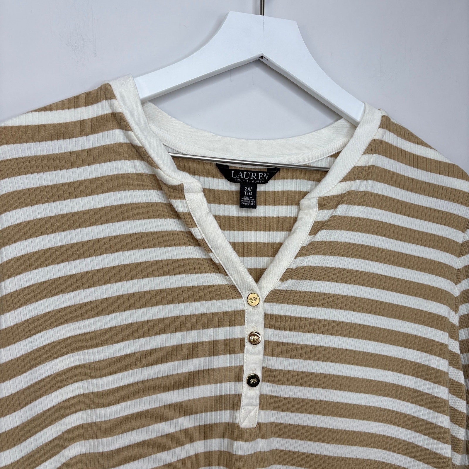 Ralph Lauren Tan White Stripe Short Sleeve Henley Shirt - Women's Size 2X