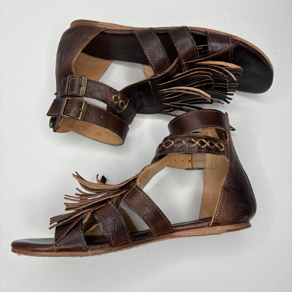 BED|STU Alena Brown Leather Fringe Zip Back Boho Gladiator Sandals - Women's 8
