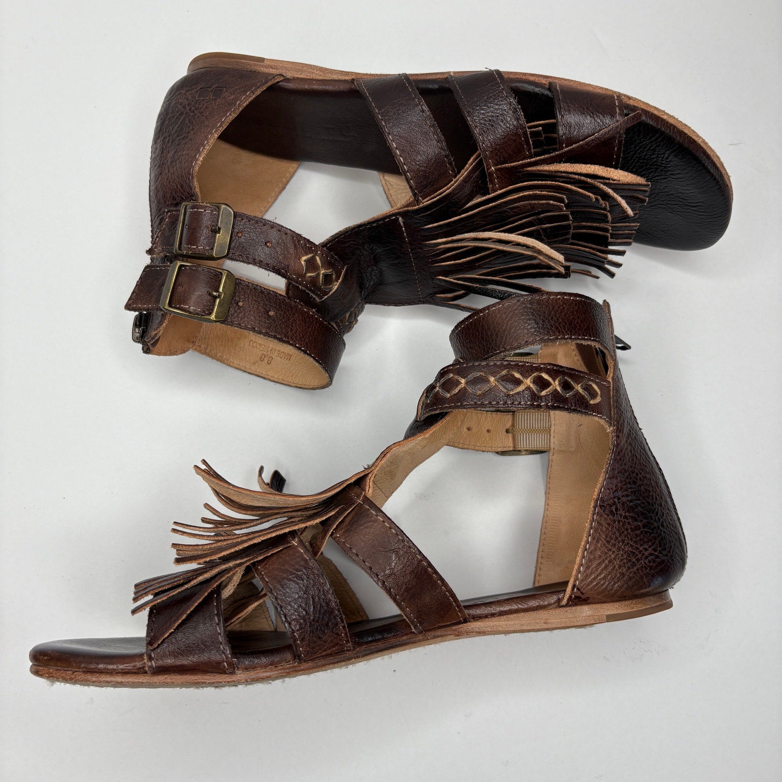 BED|STU Alena Brown Leather Fringe Zip Back Boho Gladiator Sandals - Women's 8