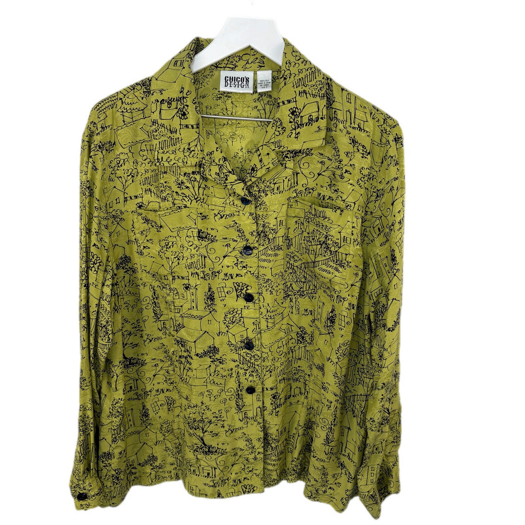Chico's Green Printed Silk Button Up Blouse - Women's Size XL