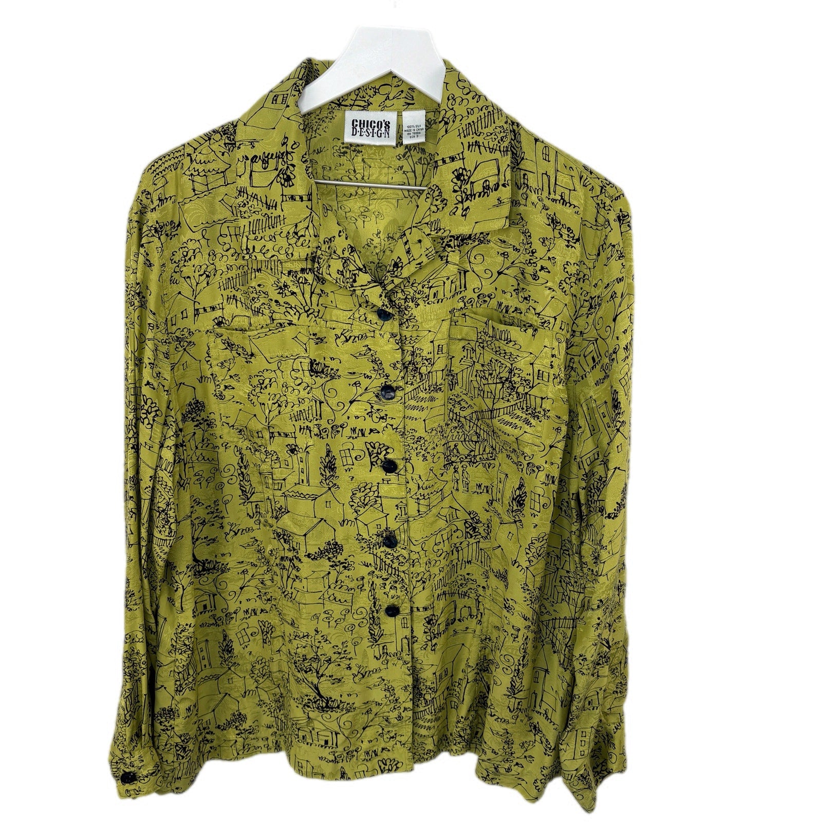 Chico's Green Printed Silk Button Up Blouse - Women's Size XL