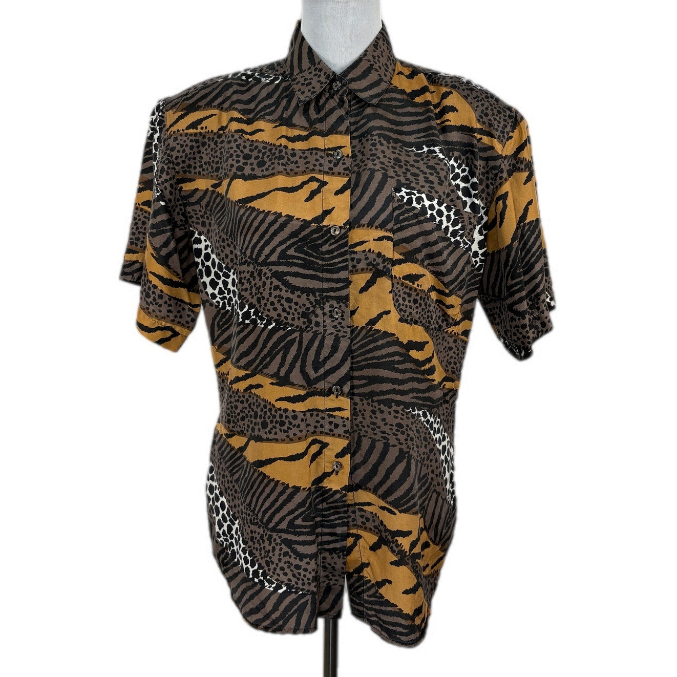 Vintage Silk Mixed Animal Print Short Sleeve Button Up Shirt - Women's Size L