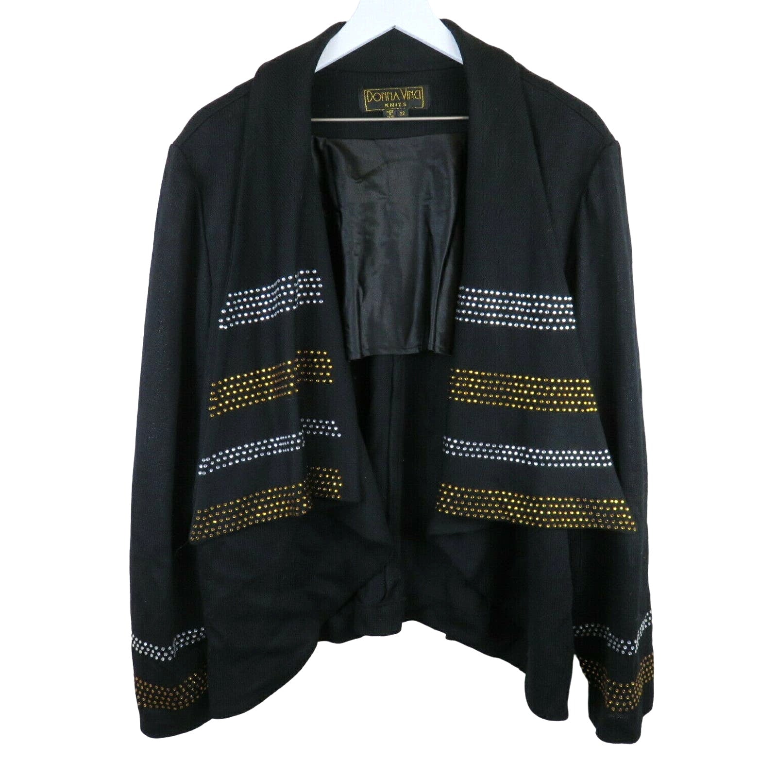 Donna Vinci Black Wool Blend Jeweled Drape Cardigan - Women's Size 22