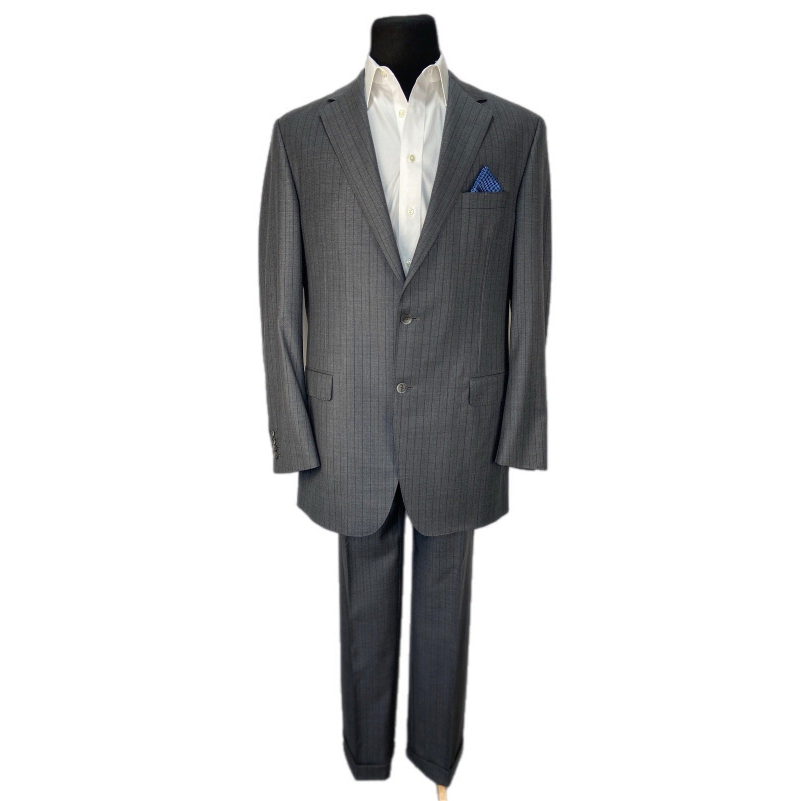Carl Sterr Wool Gray Pinstripe Notch Lapel Two Button Suit - Men's Size 43XL