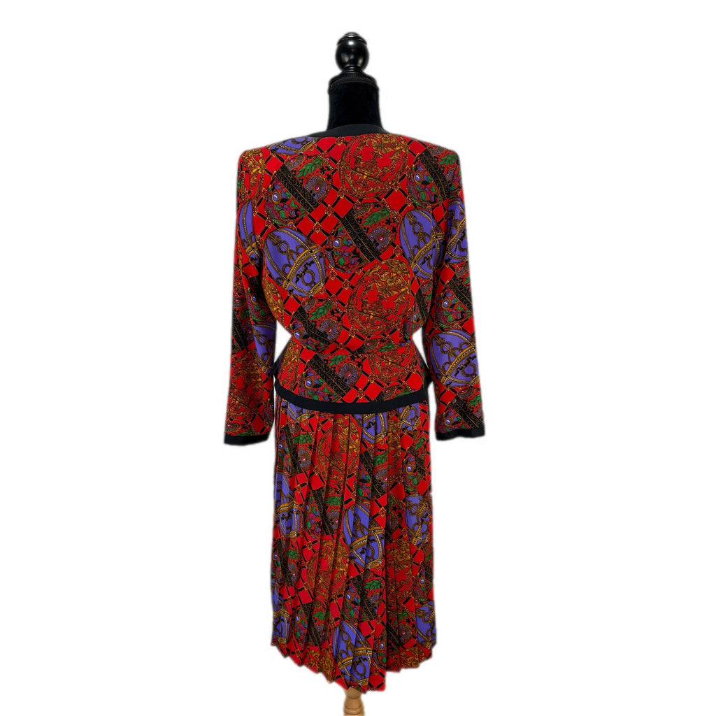 Vintage Red Gold Patterned Double Breasted Pleated Skirt Suit - Women's Size 8