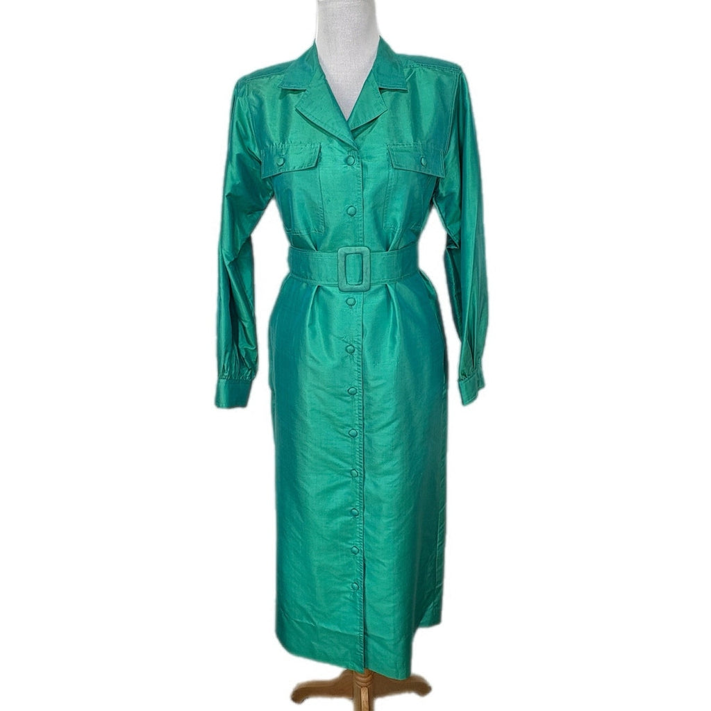Bogies Thai Silk Green Shirt Dress Matching Belt - Women's Size Small