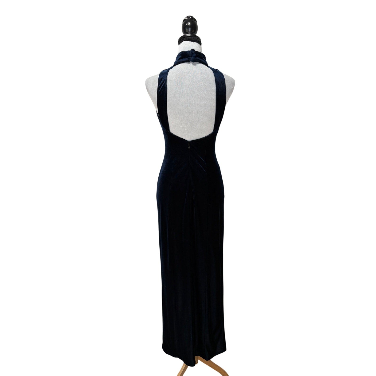 Vintage Blue Velvet Long Halter Formal Dress - Women's Size 8