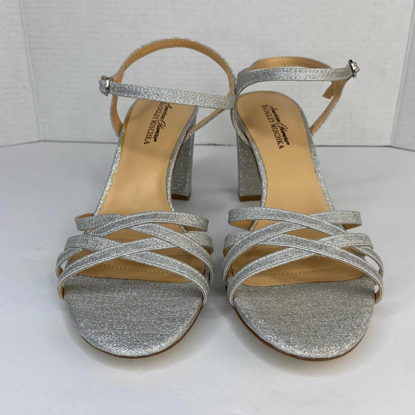 Badgley Mischka American Glamour Silver Sparkly Strappy Chunky Heels - Women 10