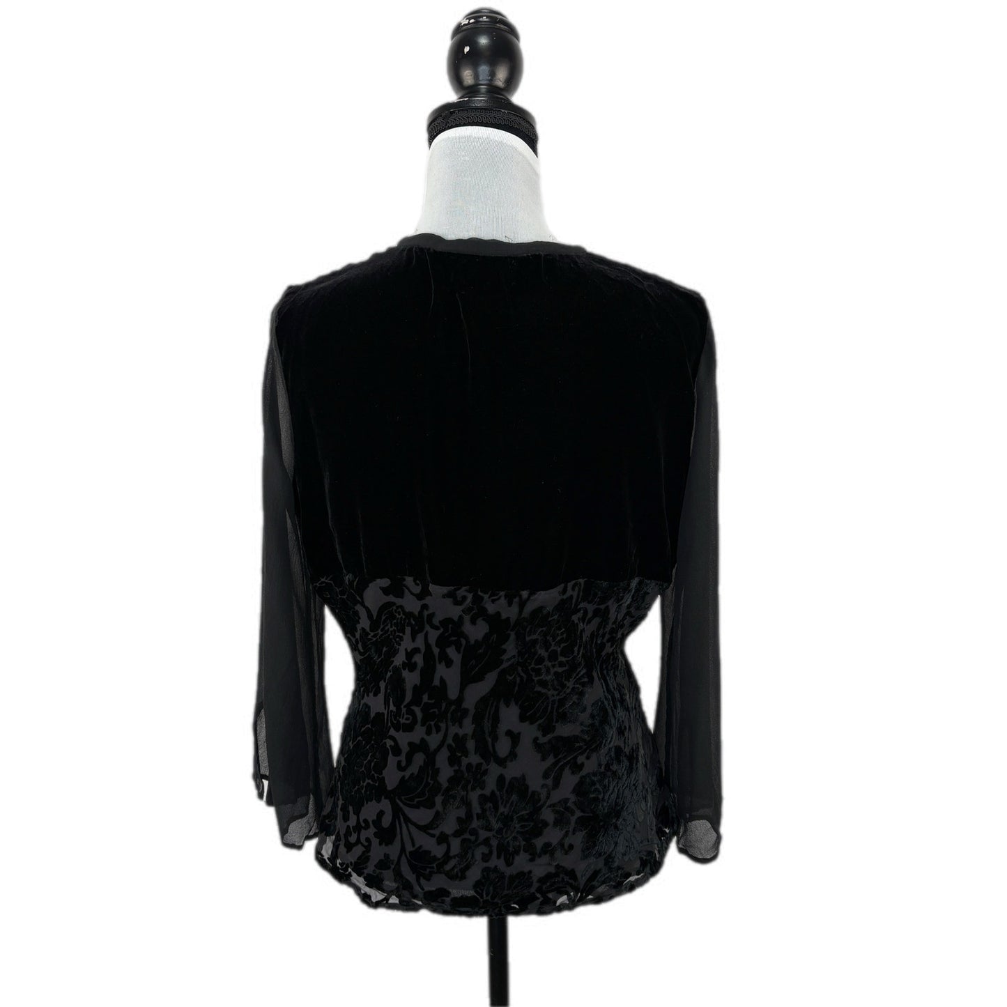 Silk Blend Black Whimsy Goth Flocked Sheer Sleeve Top - Women's Size 12