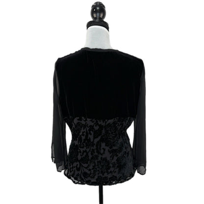 Silk Blend Black Whimsy Goth Flocked Sheer Sleeve Top - Women's Size 12