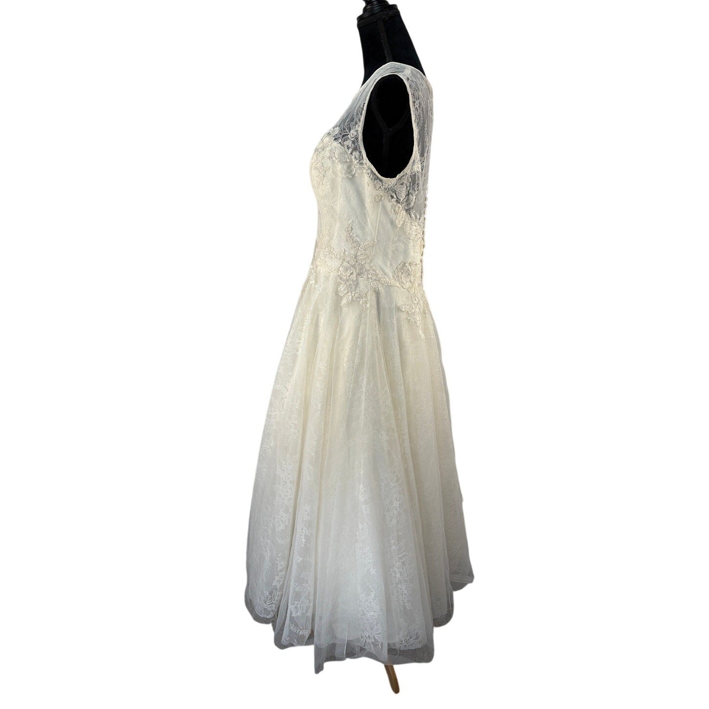 Alfred Angelo Tea Length Ivory Lace Sleeveless Wedding Dress - Women's Size 16