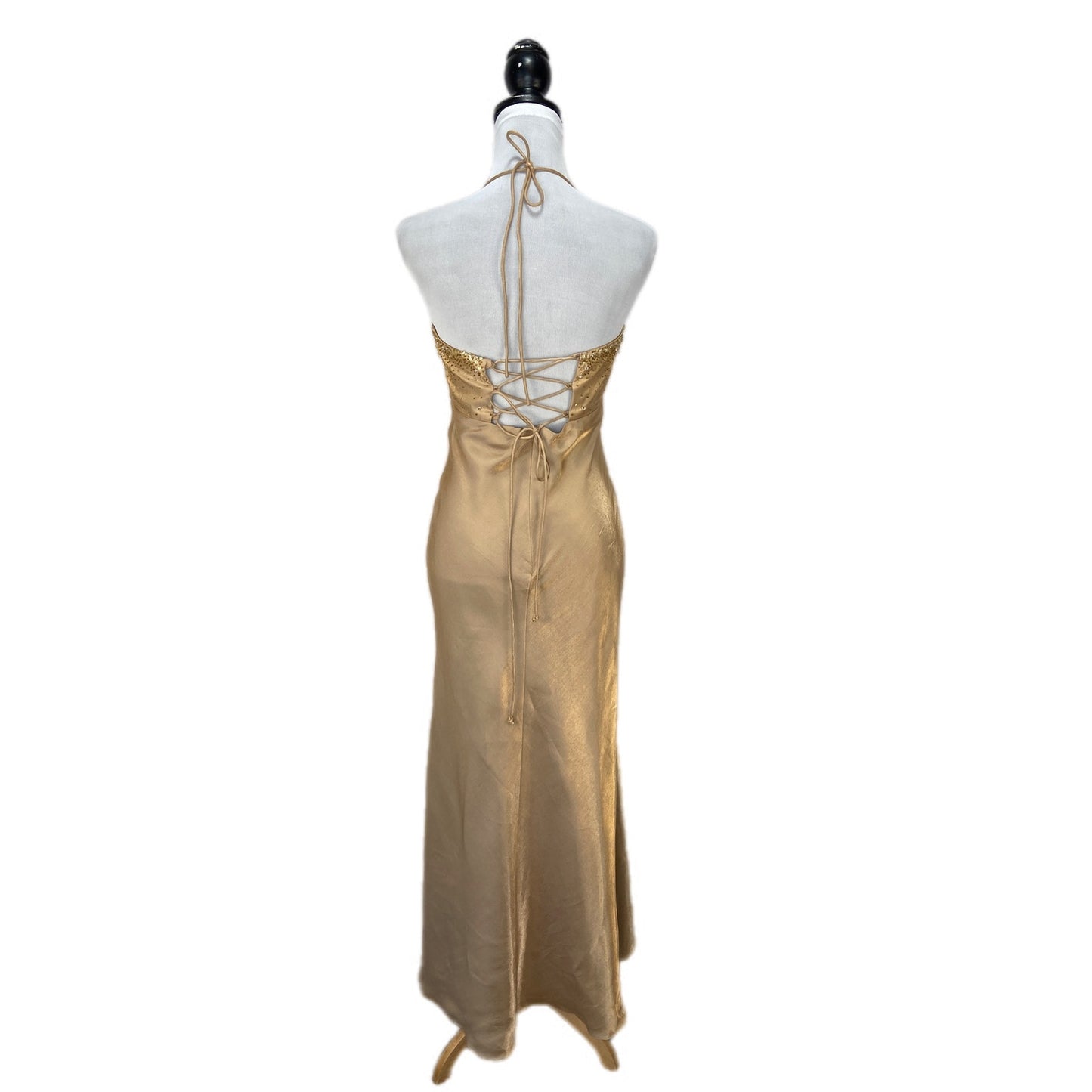 Y2K Niki Livas Gold Sequins Beaded Halter Prom Dress - Women's Size 8