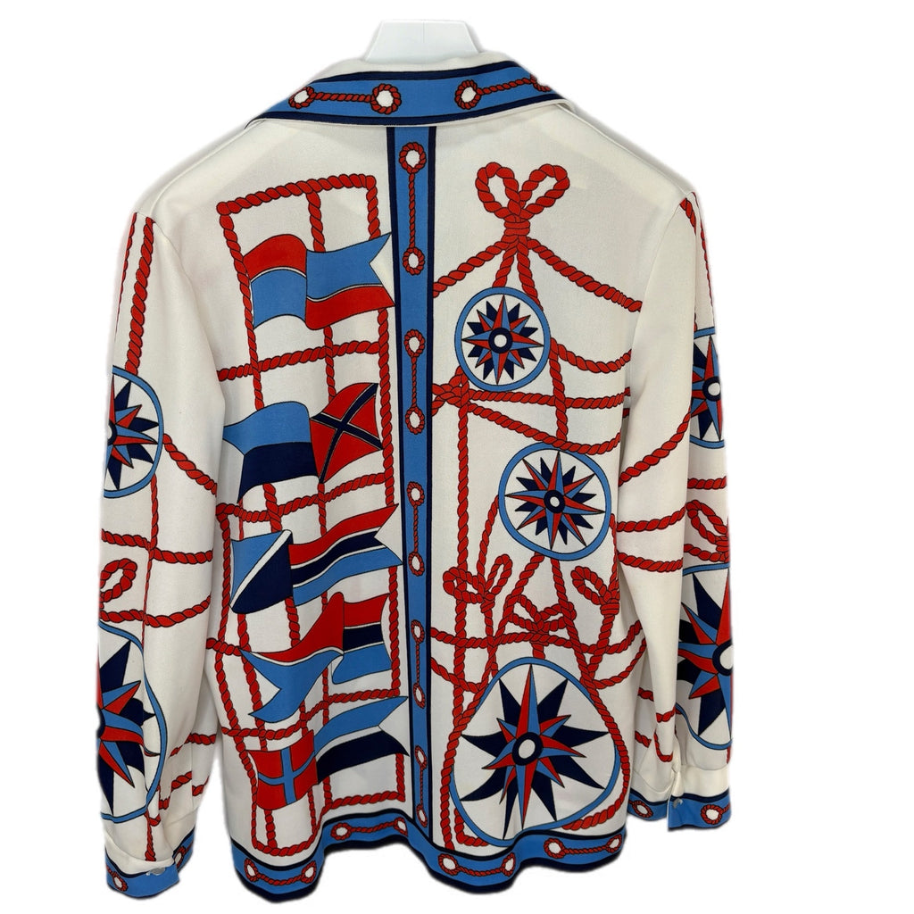 Vintage 70's Nautical Patterned Long Sleeve Button Up Shirt - Women's Size L