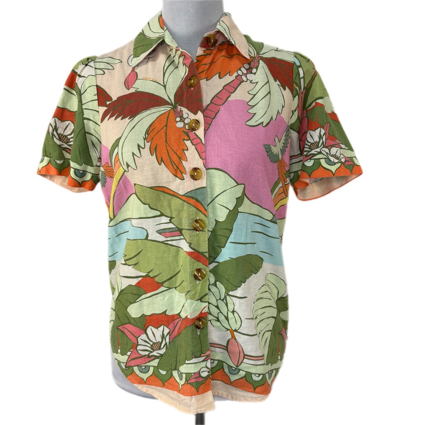 Farm Rio for Anthropologie Linen Blend Tropical Print Button Up - Women's XS