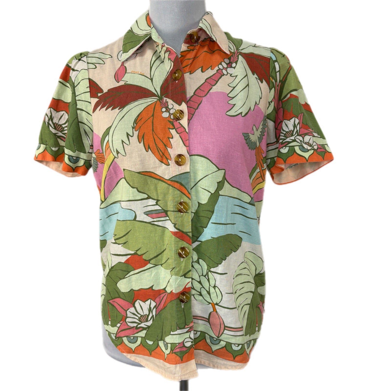 Farm Rio for Anthropologie Linen Blend Tropical Print Button Up - Women's XS