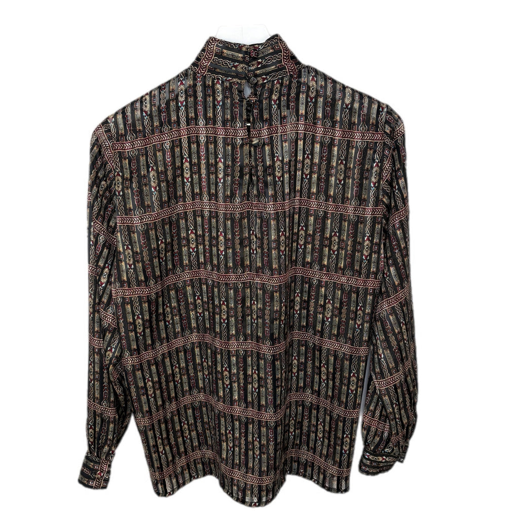 Vintage Mock Neck Mixed Pattern Stripe Sheer Blouse - Women's Size M