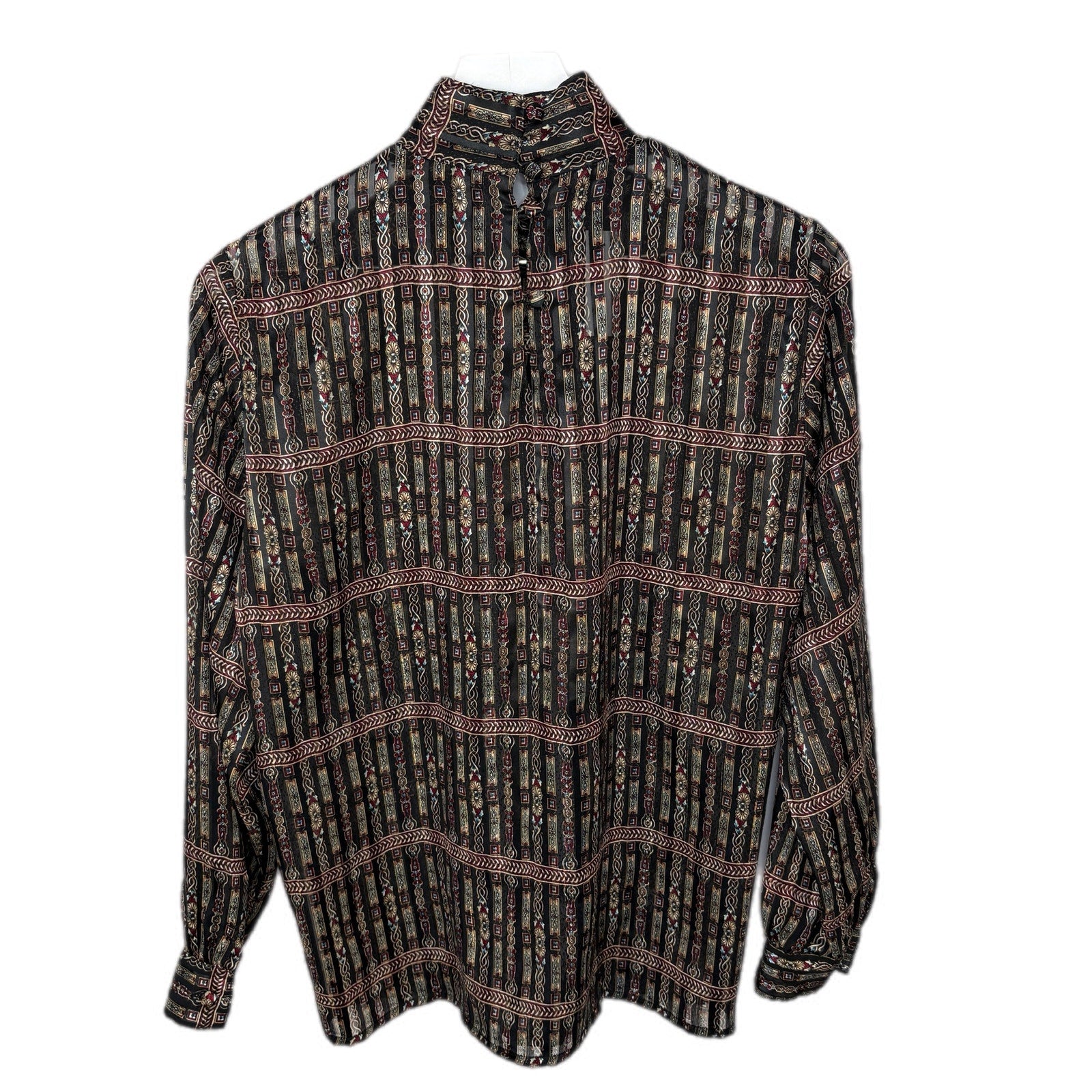 Vintage Mock Neck Mixed Pattern Stripe Sheer Blouse - Women's Size M