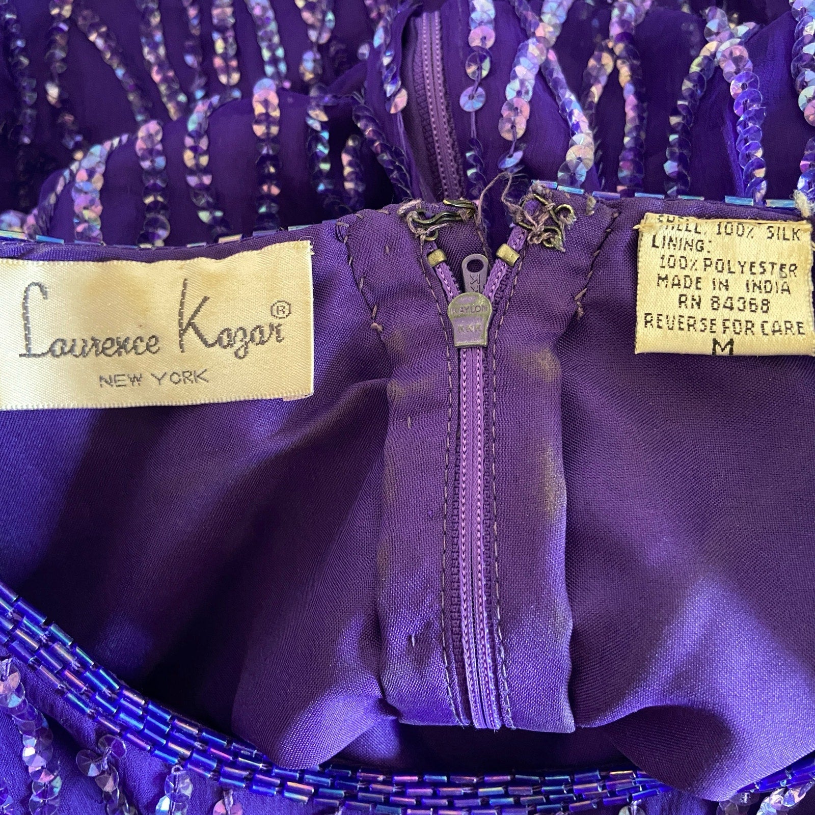 Vintage Laurence Kazar Purple Silk Sequins Cocktail Dress - Women's Size M