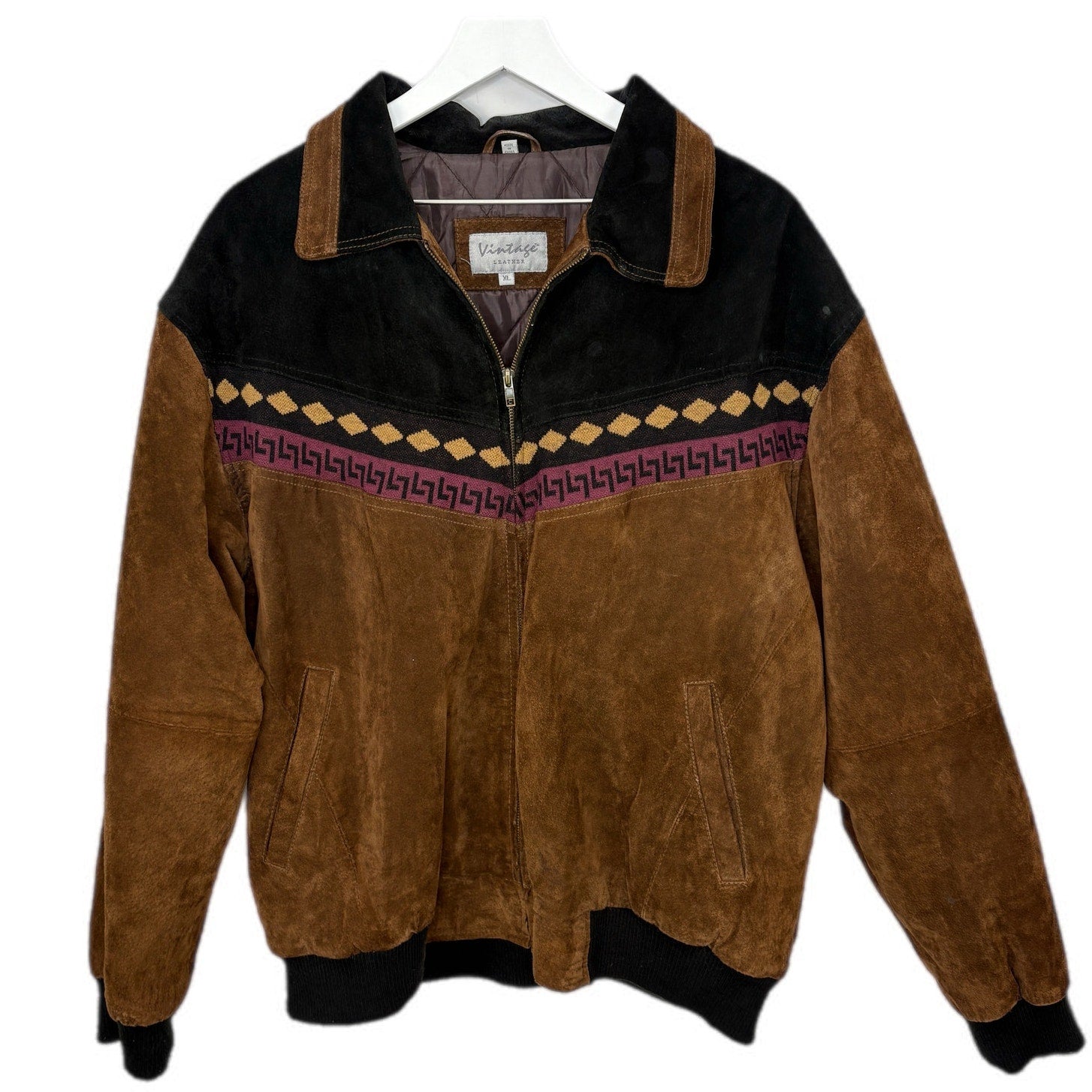 Vintage Leather Brand Two Tone Suede Geo Pattern Stripe Jacket - Men's Size XL