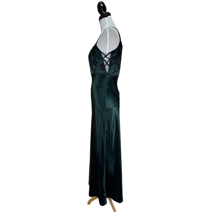 American Vintage Dark Green Velvet Flocked Floral Formal Dress - Women's Small