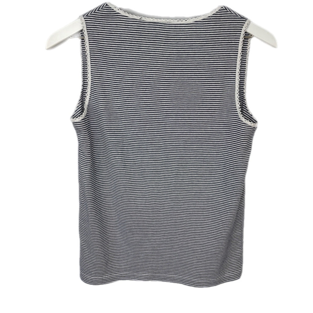 Navy Blue White Stripe Cute Laced V Neck Collar Tank Top - Women's L