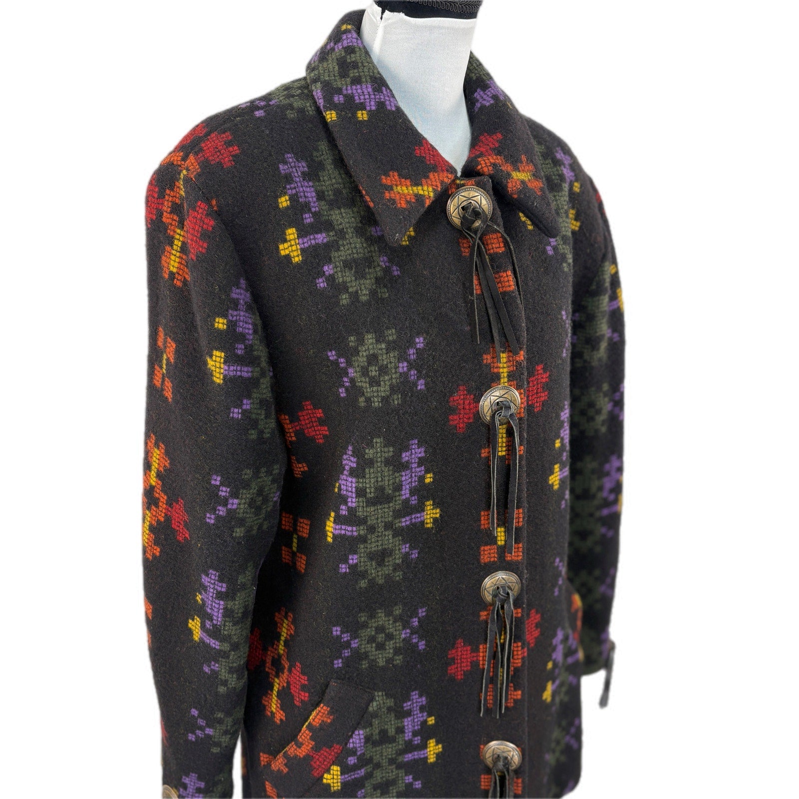 American Vintage Wool Blend Southwest Pattern Fringe Button Coat - Women's 14