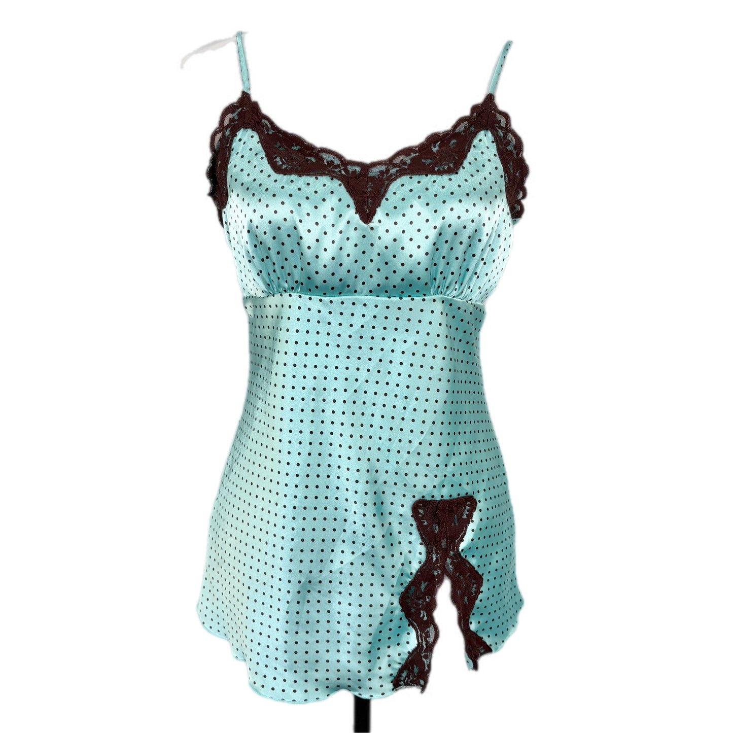 Y2K Satin Mint Green Brown Polka Dot Lace Trim Tank - Women's M