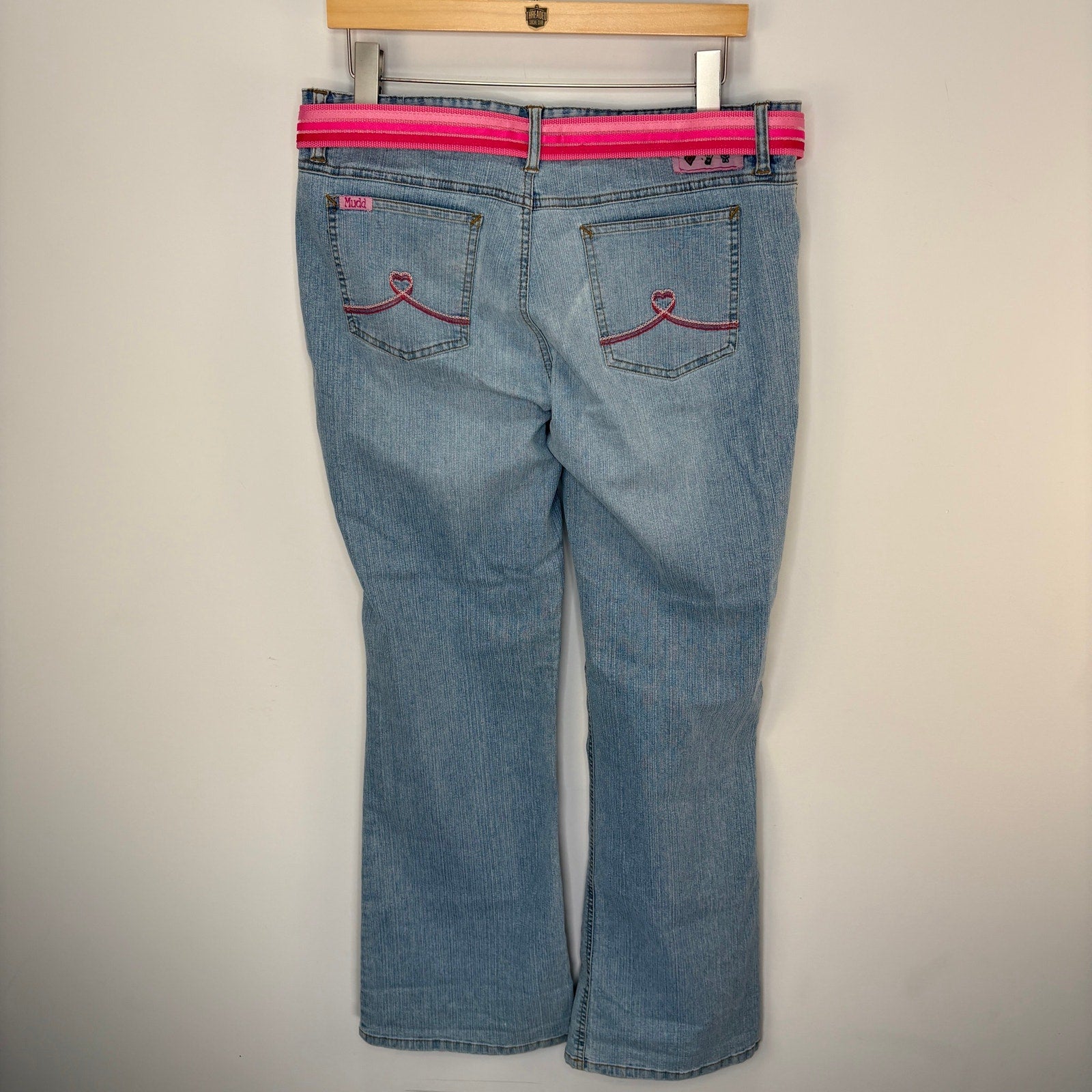 Y2K Mudd Flare Jeans Bright Pink Heart Shape Belt - Women's Size 13