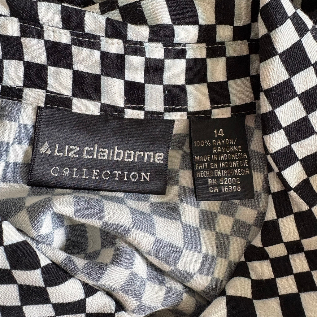 Y2K Black White Checkered Rayon Long Sleeve Button Up Shirt - Women's Size 14